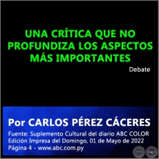 UNA CRTICA QUE NO PROFUNDIZA LOS ASPECTOS MS IMPORTANTES - Por CARLOS PREZ CCERES - Domingo, 01 de Mayo de 2022